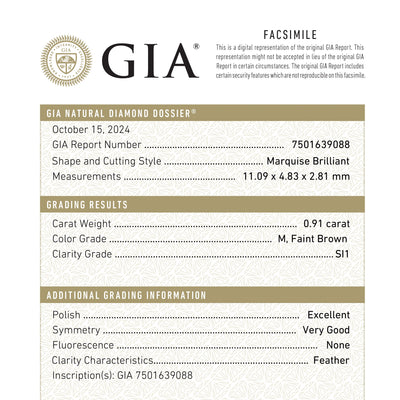 0.91ct 11.09x4.83x2.81mm GIA SI1 M Marquise Brilliant 🇨🇦 26592-01