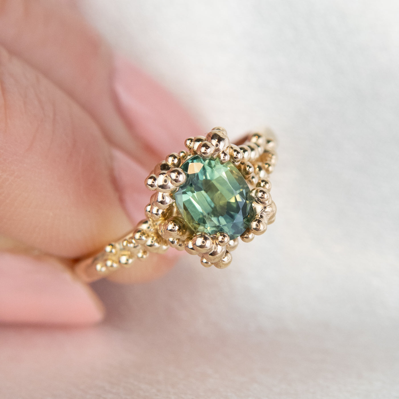 Bright Blue-Green Sapphire Baleal Ring