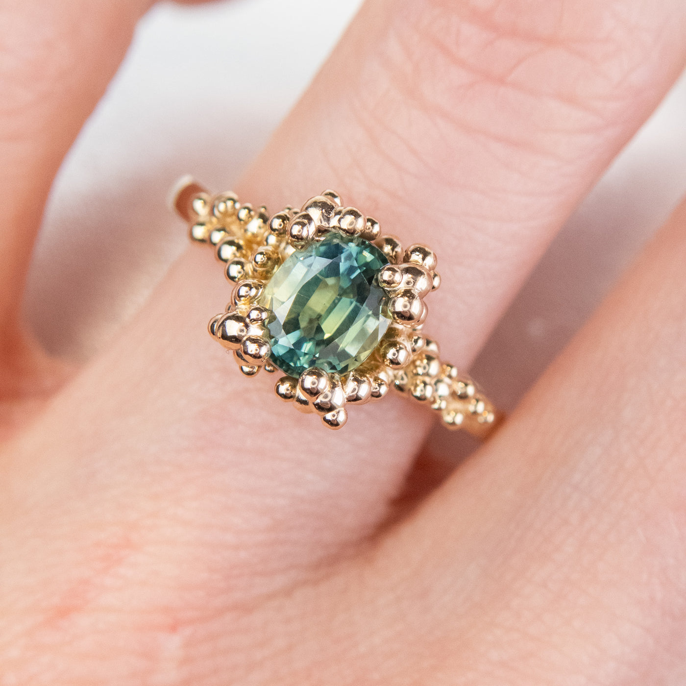 Bright Blue-Green Sapphire Baleal Ring