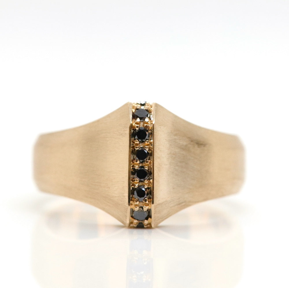 Gold ring with a matte finish featuring a central line of black diamonds, exuding sophistication and elegance.