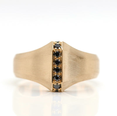 Gold ring with a matte finish featuring a central line of black diamonds, exuding sophistication and elegance.