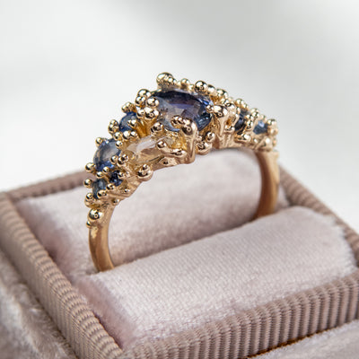 Intricately designed gold cluster ring featuring blue and colourless sapphires, shown in a light pink ring box. 