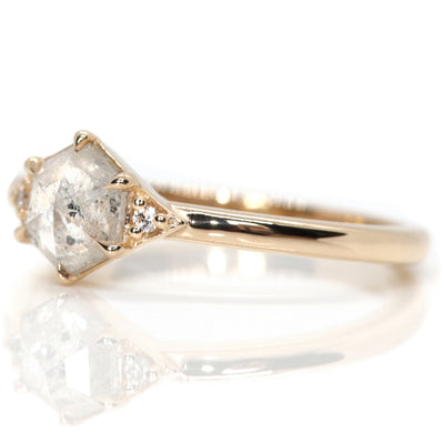 A gold ring with a hexagonal salt and pepper diamond, flanked by small round diamonds on either side, on a reflective white background.