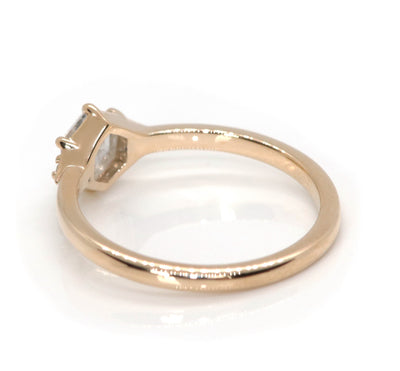 A gold ring with a hexagonal salt and pepper diamond, flanked by small round diamonds on either side, on a reflective white background.