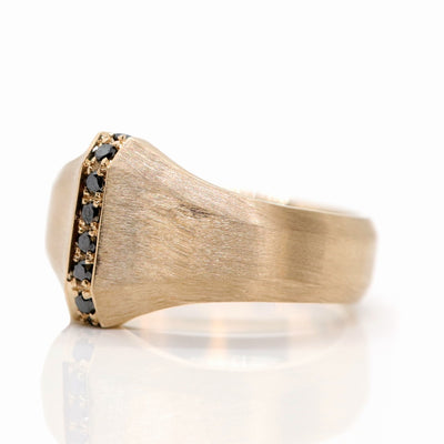 Gold ring with a matte finish featuring a central line of black diamonds shown from the side.