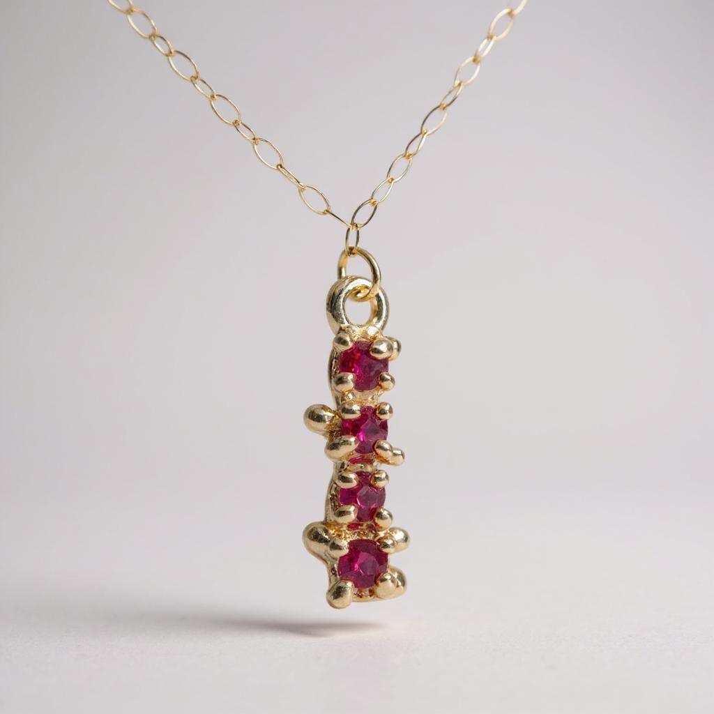 Gold necklace with a pendant featuring four round rubies encrusted in gold, on a light gray background.