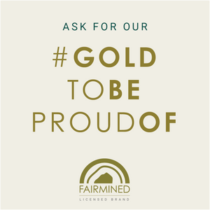 white image with gold text showing how this jeweller is a Fairmined Licensed brand offering Fairmined gold options to their jewelry clients